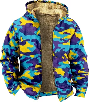 Men's Western Vintage Print Sherpa Fleece Lined Jackets Faux Cozy Outerwear Quilted Down Varsity Coat Plus Size