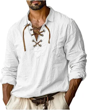 Mens Winter 2024 Retro Style Cotton Linen Shirt Classic Roll-Up Sleeve V Neck Lace Up Hippie Beach Top Pirate Blouses