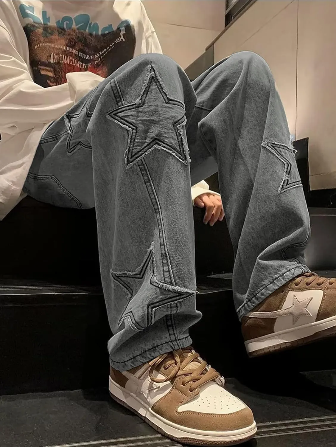 Mens Y2k Star Jeans High Waisted Hip Hop Streetwear Jeans Loose Baggy Embroidery Aesthetic Harajuku Denim Pants