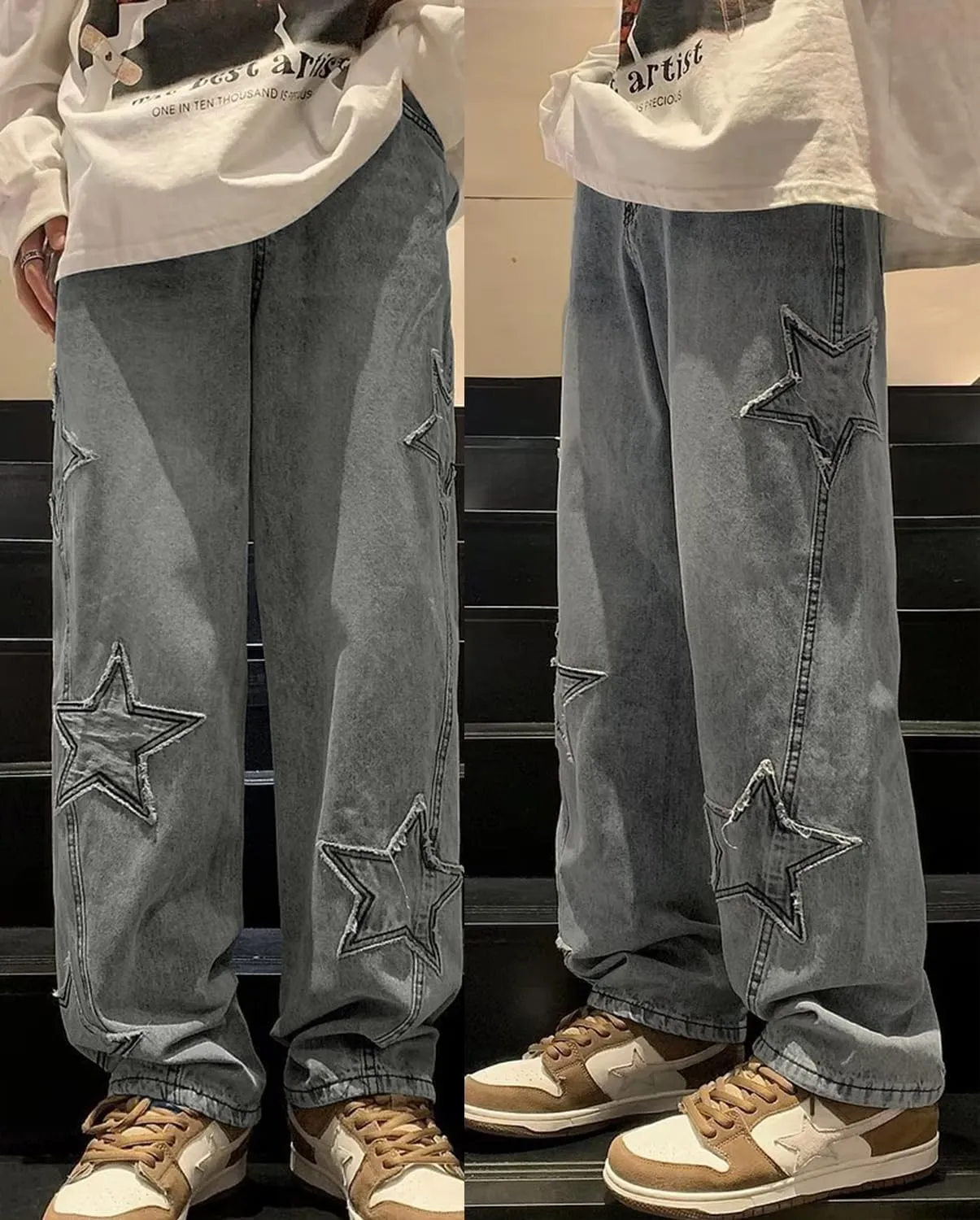 Mens Y2k Star Jeans High Waisted Hip Hop Streetwear Jeans Loose Baggy Embroidery Aesthetic Harajuku Denim Pants