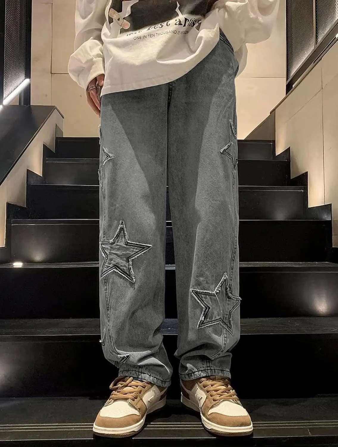 Mens Y2k Star Jeans High Waisted Hip Hop Streetwear Jeans Loose Baggy Embroidery Aesthetic Harajuku Denim Pants