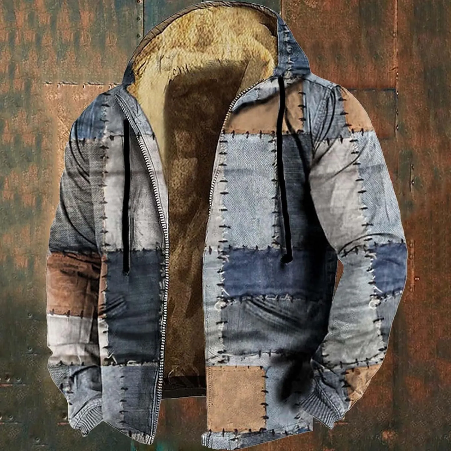 Mens Zip Up Faux Suede Leather Sherpa Jackets Winter Warm Fleece Denim Jackets Splicing Tactical Hoodies Sweatshirts