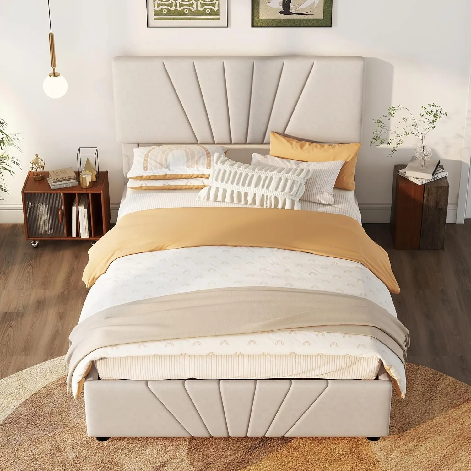 Merax Full Size Frame, Upholstered Platform Bed with Hydraulic Storage Space Headboard, No Box Spring Needed,Easy Assembly, Beige