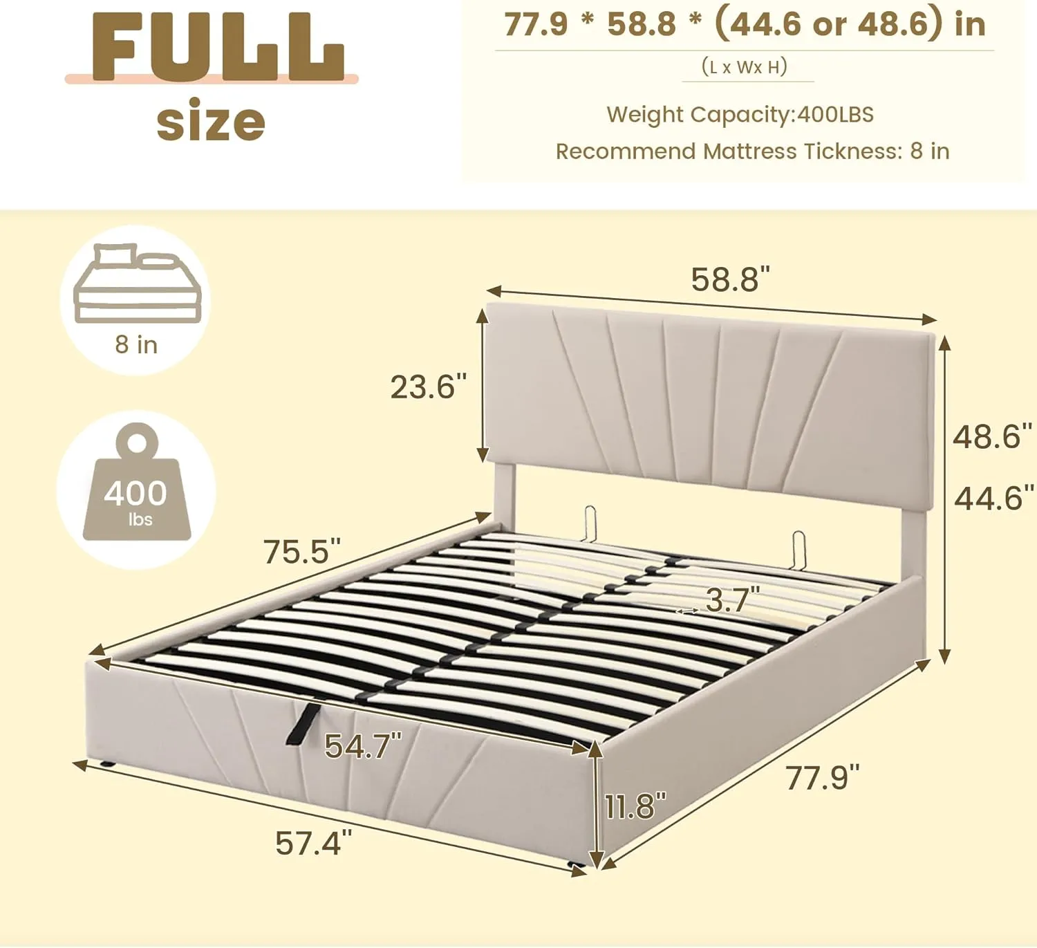Merax Full Size Frame, Upholstered Platform Bed with Hydraulic Storage Space Headboard, No Box Spring Needed,Easy Assembly, Beige