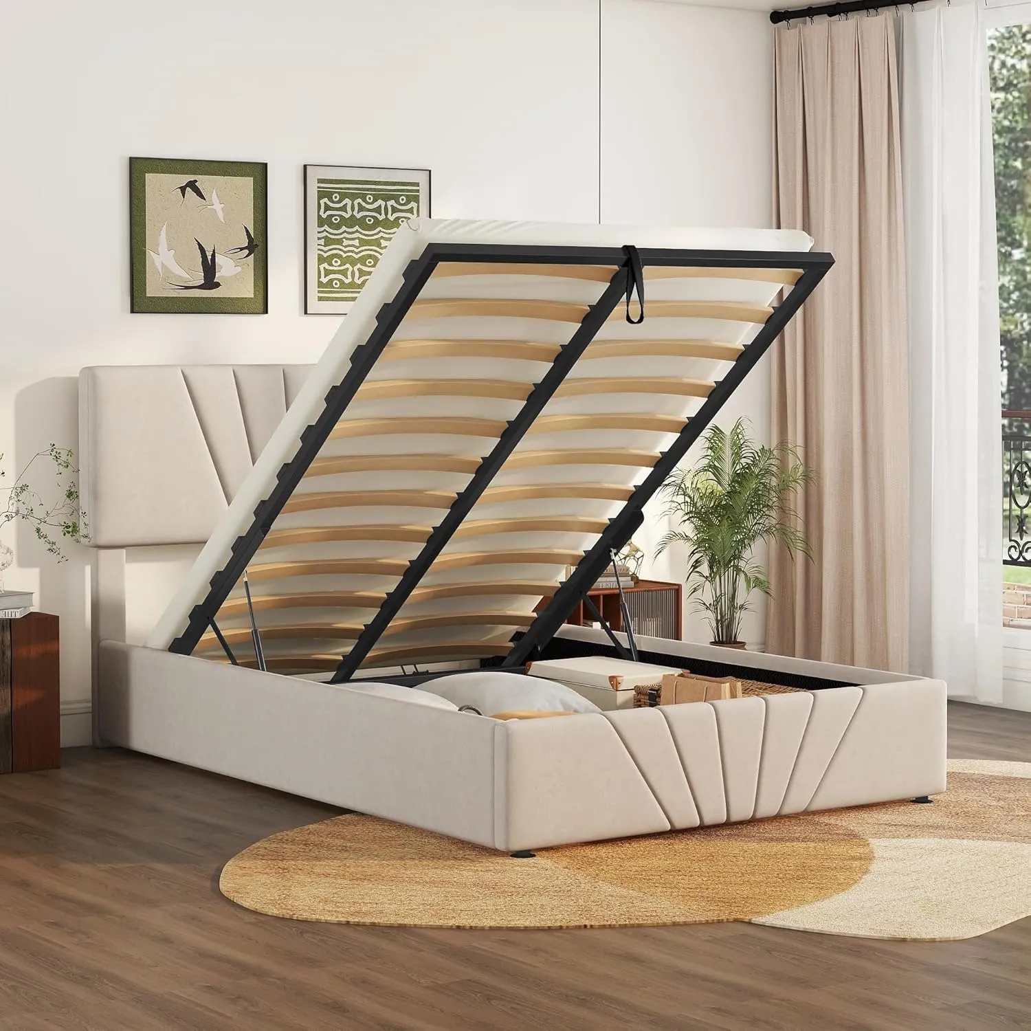 Merax Full Size Frame, Upholstered Platform Bed with Hydraulic Storage Space Headboard, No Box Spring Needed,Easy Assembly, Beige