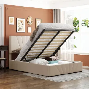 Merax Full Size Frame, Upholstered Platform Bed with Hydraulic Storage Space Headboard, No Box Spring Needed,Easy Assembly, Beige