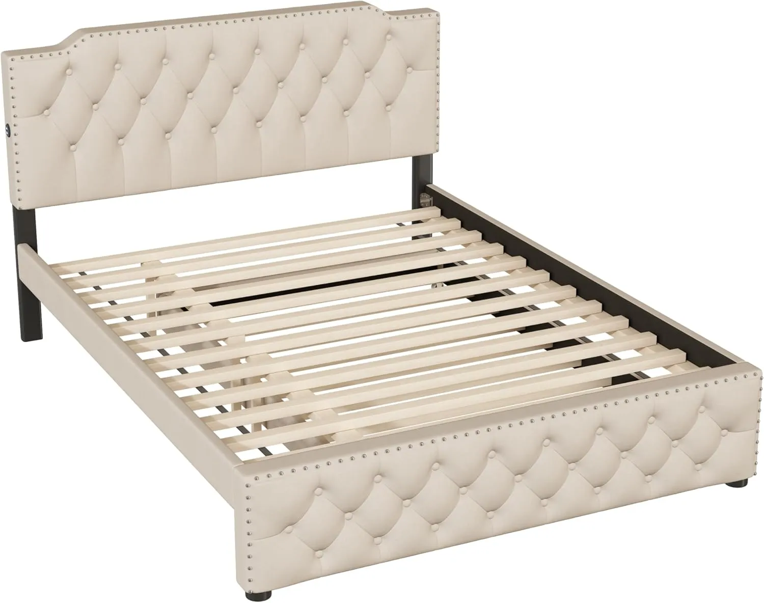 Merax Queen Size Upholstered Platform Bed with Twin Size Trundle and 2 Sets of USB Ports on Each Side, Linen Fabric Bed Frame for Boys Girls Kids Adults, Beige