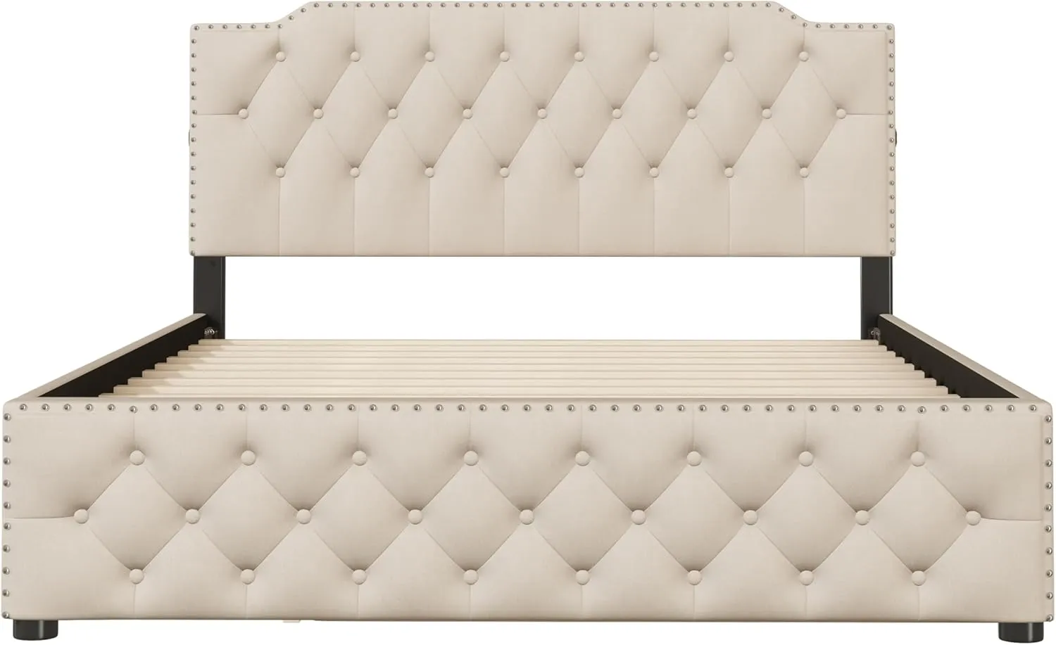 Merax Queen Size Upholstered Platform Bed with Twin Size Trundle and 2 Sets of USB Ports on Each Side, Linen Fabric Bed Frame for Boys Girls Kids Adults, Beige