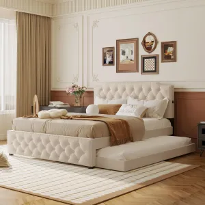 Merax Queen Size Upholstered Platform Bed with Twin Size Trundle and 2 Sets of USB Ports on Each Side, Linen Fabric Bed Frame for Boys Girls Kids Adults, Beige