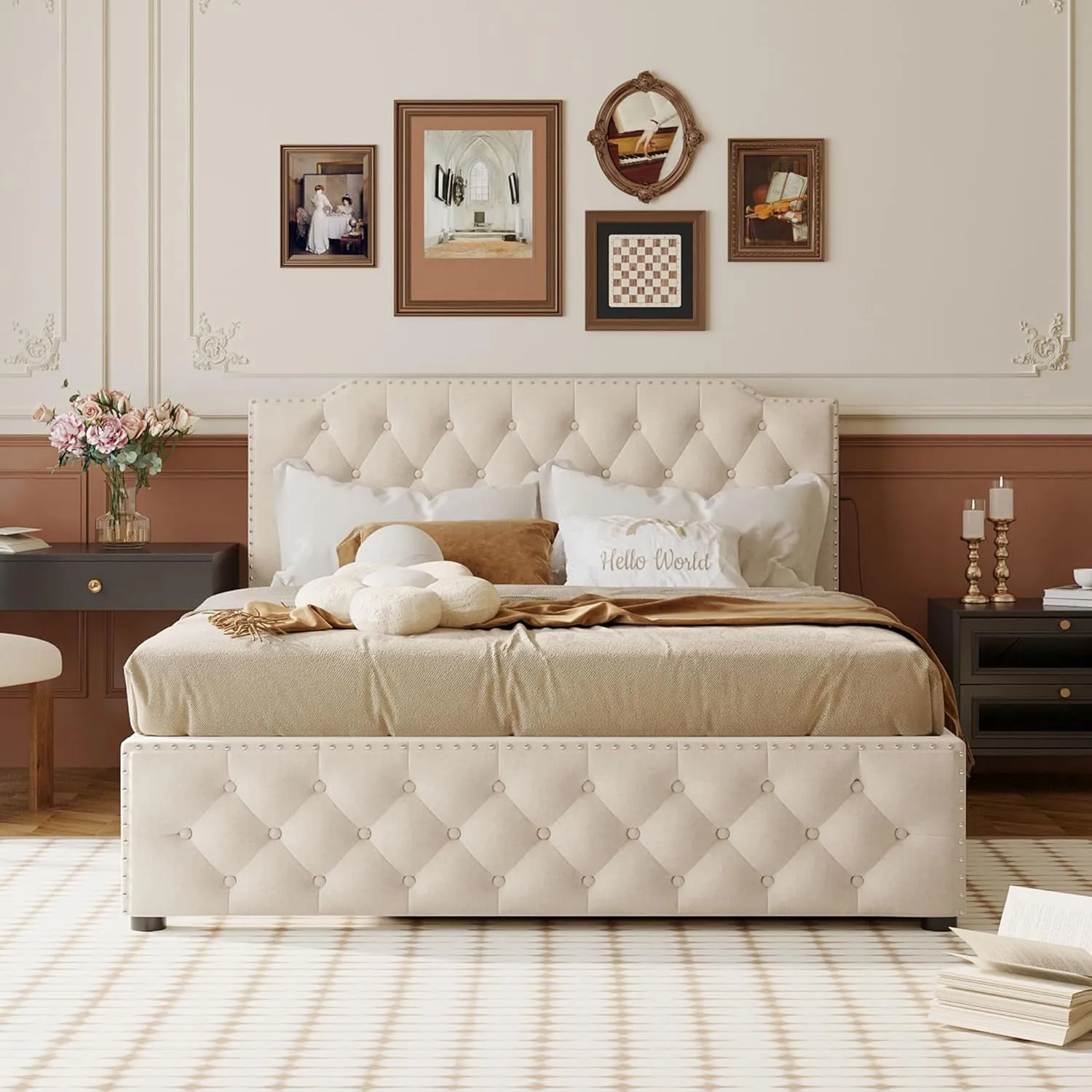 Merax Queen Size Upholstered Platform Bed with Twin Size Trundle and 2 Sets of USB Ports on Each Side, Linen Fabric Bed Frame for Boys Girls Kids Adults, Beige