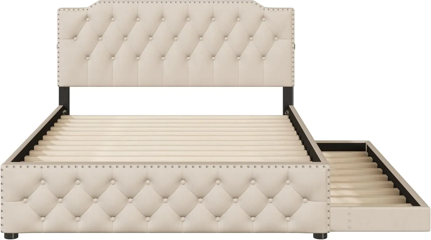 Merax Queen Size Upholstered Platform Bed with Twin Size Trundle and 2 Sets of USB Ports on Each Side, Linen Fabric Bed Frame for Boys Girls Kids Adults, Beige