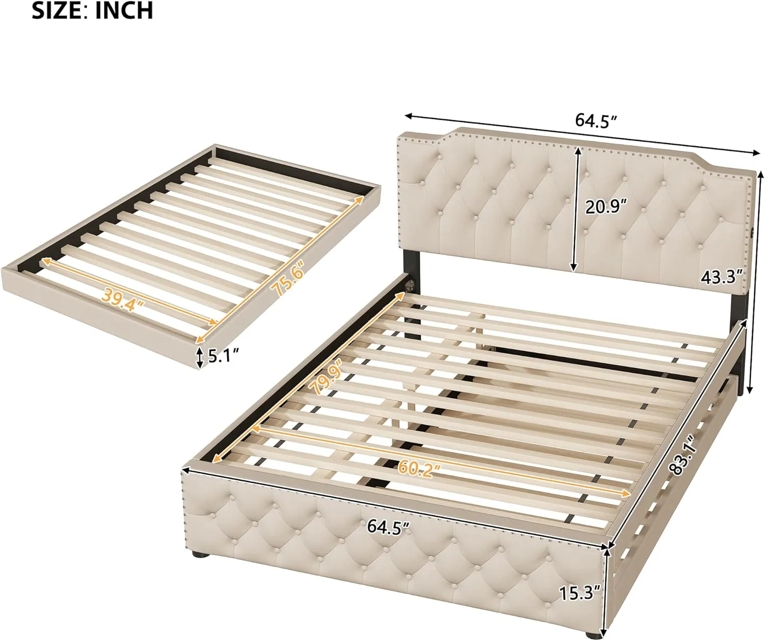 Merax Queen Size Upholstered Platform Bed with Twin Size Trundle and 2 Sets of USB Ports on Each Side, Linen Fabric Bed Frame for Boys Girls Kids Adults, Beige