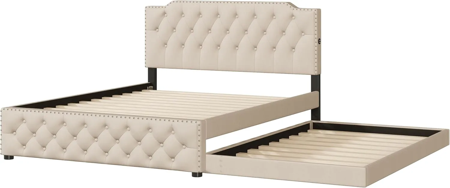 Merax Queen Size Upholstered Platform Bed with Twin Size Trundle and 2 Sets of USB Ports on Each Side, Linen Fabric Bed Frame for Boys Girls Kids Adults, Beige