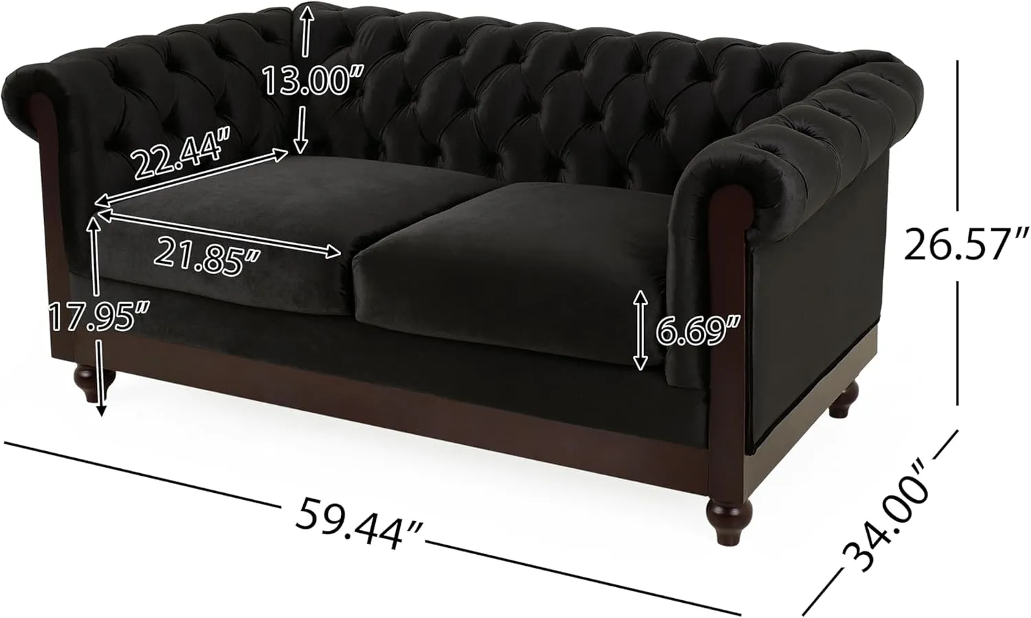 Merax Velvet Chesterfield Sofa, Retro Style Upholstered 3 Seater Leather Couch Rolled Arm for Living Room Bedroom Office, Black