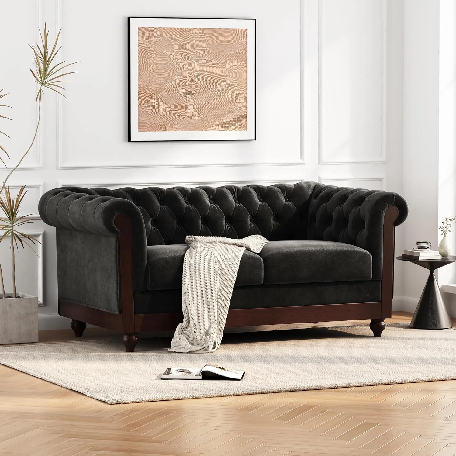 Merax Velvet Chesterfield Sofa, Retro Style Upholstered 3 Seater Leather Couch Rolled Arm for Living Room Bedroom Office, Black