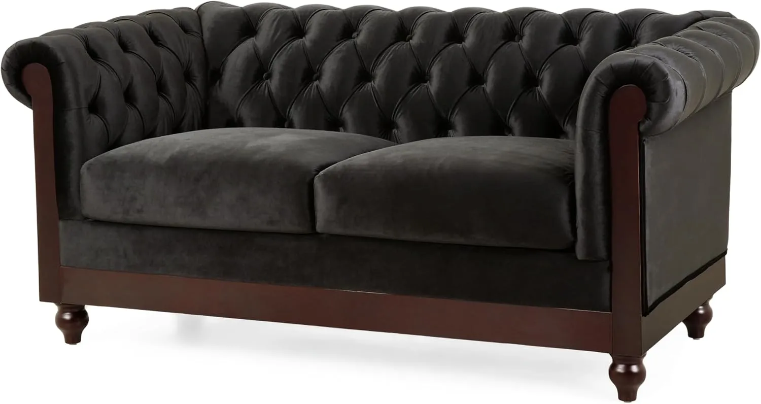 Merax Velvet Chesterfield Sofa, Retro Style Upholstered 3 Seater Leather Couch Rolled Arm for Living Room Bedroom Office, Black
