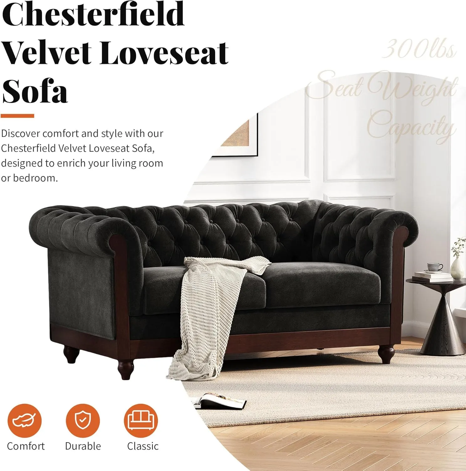 Merax Velvet Chesterfield Sofa, Retro Style Upholstered 3 Seater Leather Couch Rolled Arm for Living Room Bedroom Office, Black