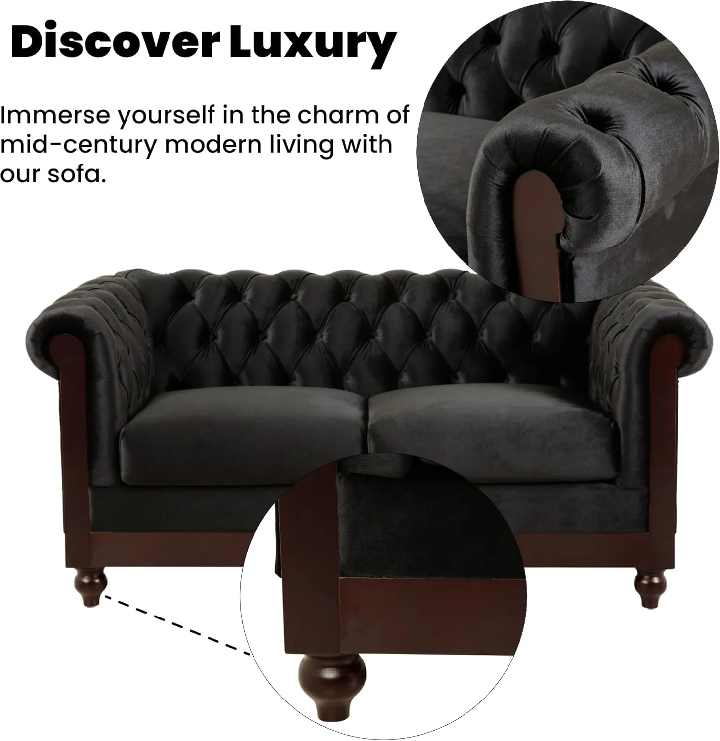 Merax Velvet Chesterfield Sofa, Retro Style Upholstered 3 Seater Leather Couch Rolled Arm for Living Room Bedroom Office, Black