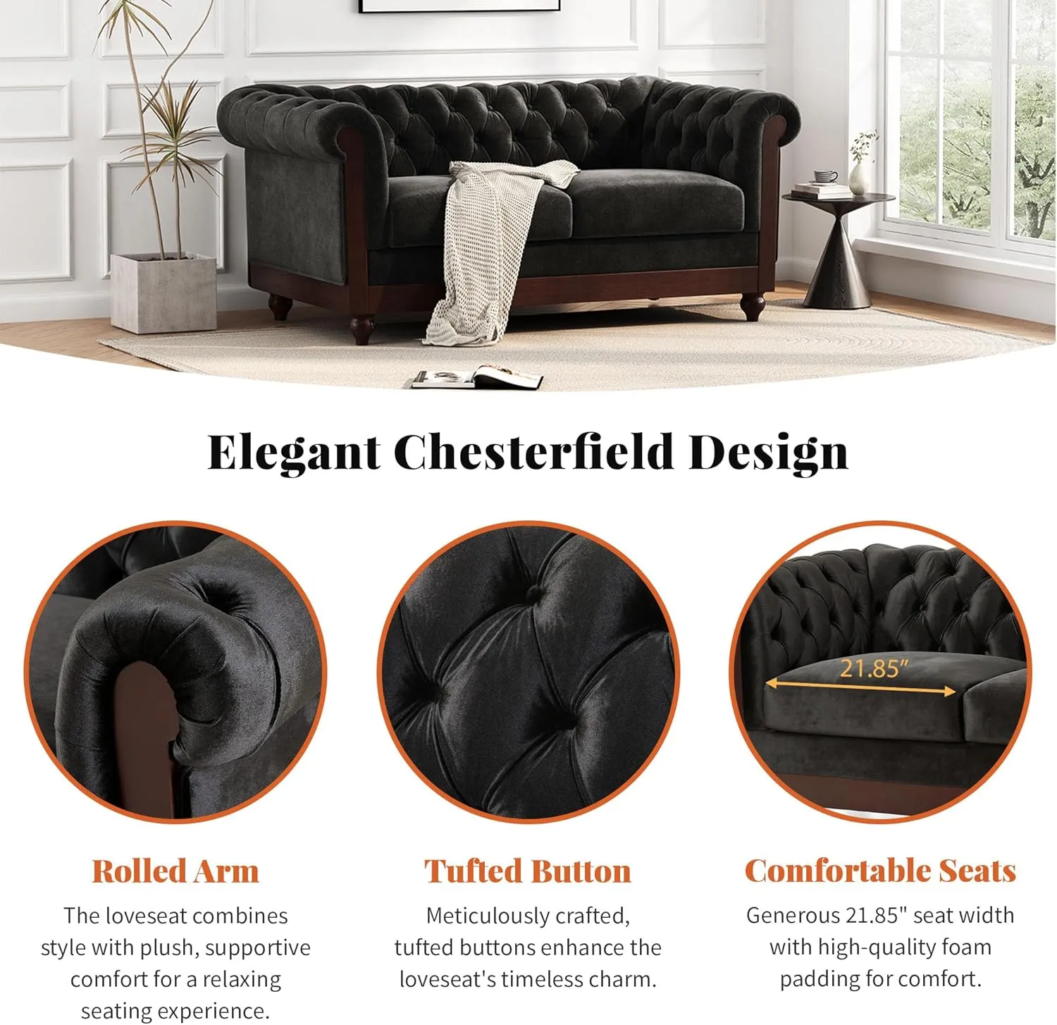Merax Velvet Chesterfield Sofa, Retro Style Upholstered 3 Seater Leather Couch Rolled Arm for Living Room Bedroom Office, Black