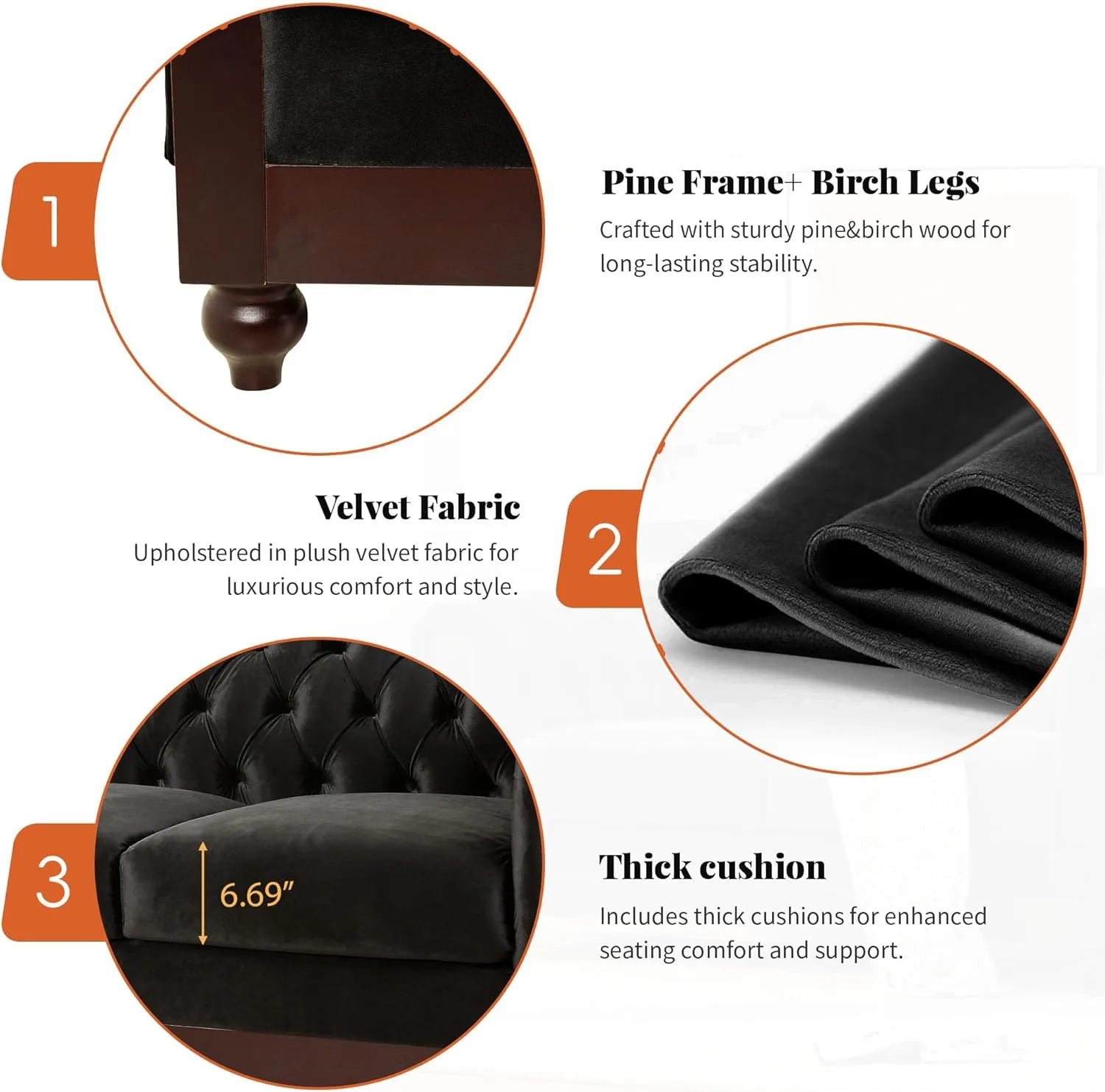 Merax Velvet Chesterfield Sofa, Retro Style Upholstered 3 Seater Leather Couch Rolled Arm for Living Room Bedroom Office, Black