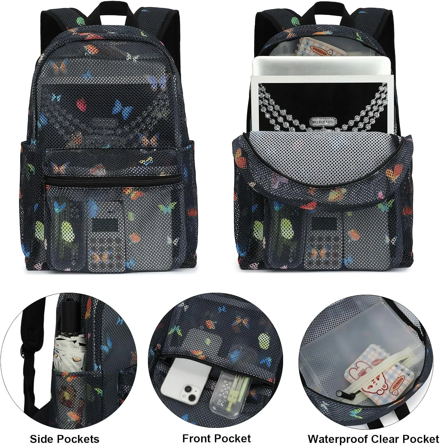 Mesh Backpack for Girls, Kids Semi-Transparent School Bookbag Women See Through Beach Bag Daypack (Butterfly)
