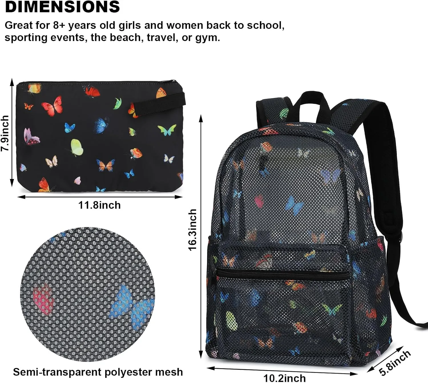 Mesh Backpack for Girls, Kids Semi-Transparent School Bookbag Women See Through Beach Bag Daypack (Butterfly)