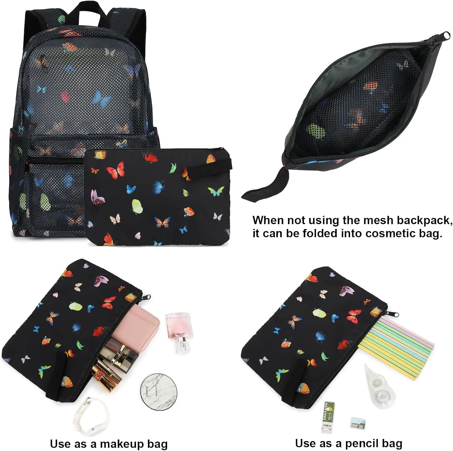 Mesh Backpack for Girls, Kids Semi-Transparent School Bookbag Women See Through Beach Bag Daypack (Butterfly)