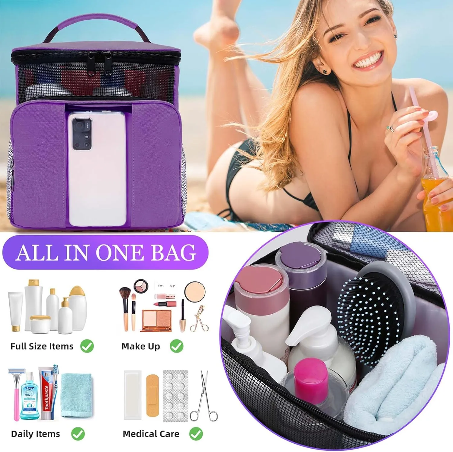 Mesh Shower Caddy,Portable HangingTravel Toiletry Bag Dorm Room Essentials for College Students Girls,Large Makeup Organizer for Full-Sized Toiletries,Travel Essentials for Women Girls Camping Beach