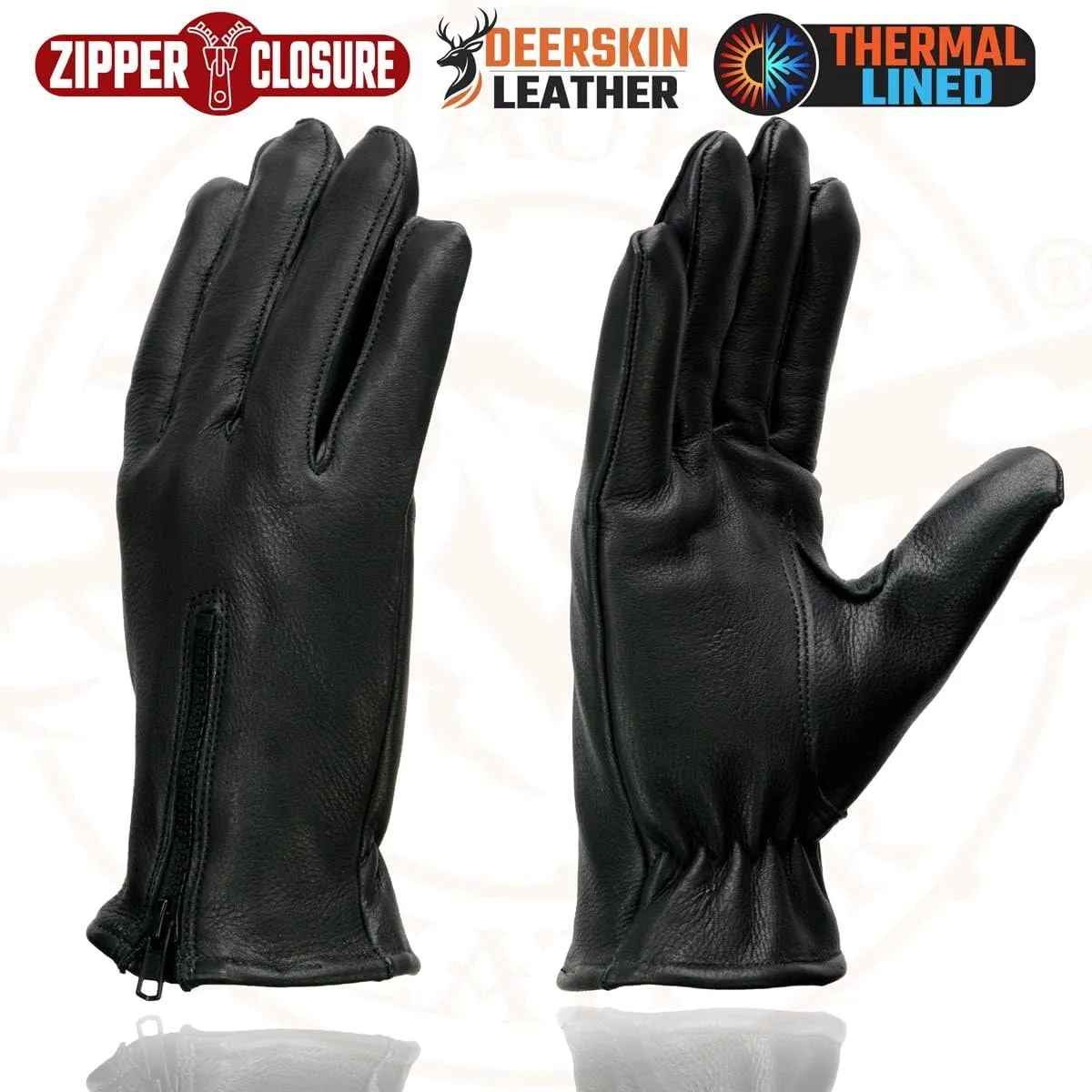 Milwaukee Leather SH866 Men's Thermal Lined USA Deerskin Leather Black Motorcycle Gloves w/Zipper Closure