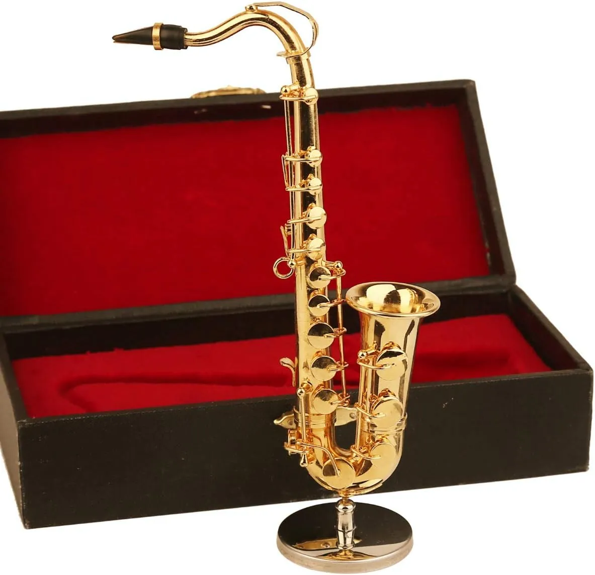 Miniature Saxophone with Stand and Case Brass Mini Musical Instrument Replica Collectible Figurines Dollhouse Accessories Model Home Decorations Ornaments (Tenor Saxophone, 6.22"x3.07"x1.12")