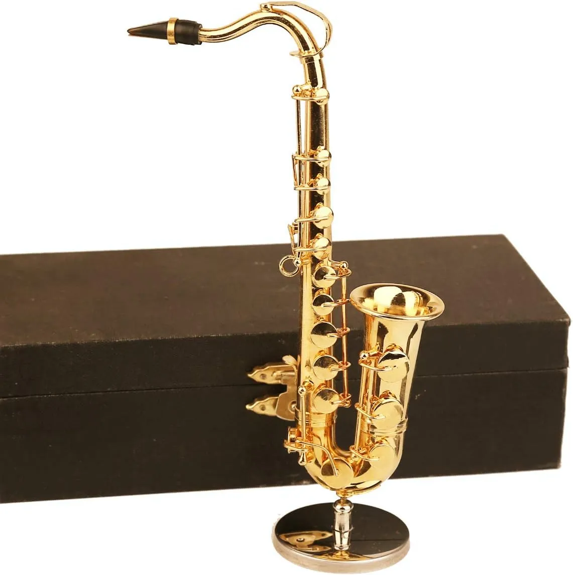 Miniature Saxophone with Stand and Case Brass Mini Musical Instrument Replica Collectible Figurines Dollhouse Accessories Model Home Decorations Ornaments (Tenor Saxophone, 6.22"x3.07"x1.12")
