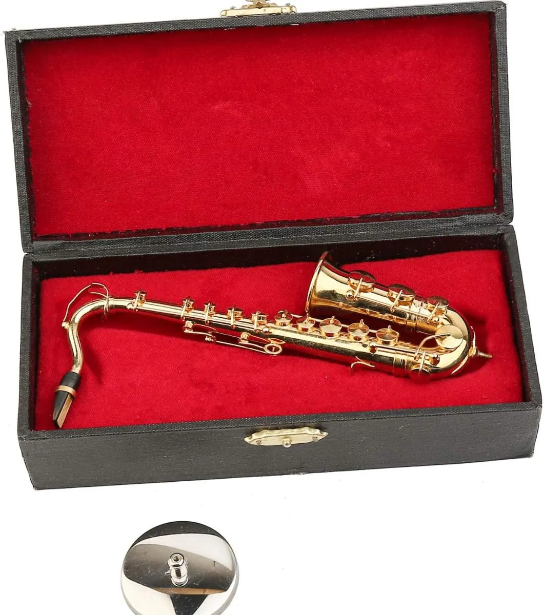 Miniature Saxophone with Stand and Case Brass Mini Musical Instrument Replica Collectible Figurines Dollhouse Accessories Model Home Decorations Ornaments (Tenor Saxophone, 6.22"x3.07"x1.12")