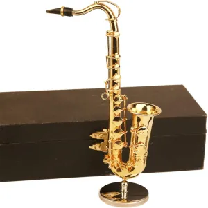 Miniature Saxophone with Stand and Case Brass Mini Musical Instrument Replica Collectible Figurines Dollhouse Accessories Model Home Decorations Ornaments (Tenor Saxophone, 6.22"x3.07"x1.12")
