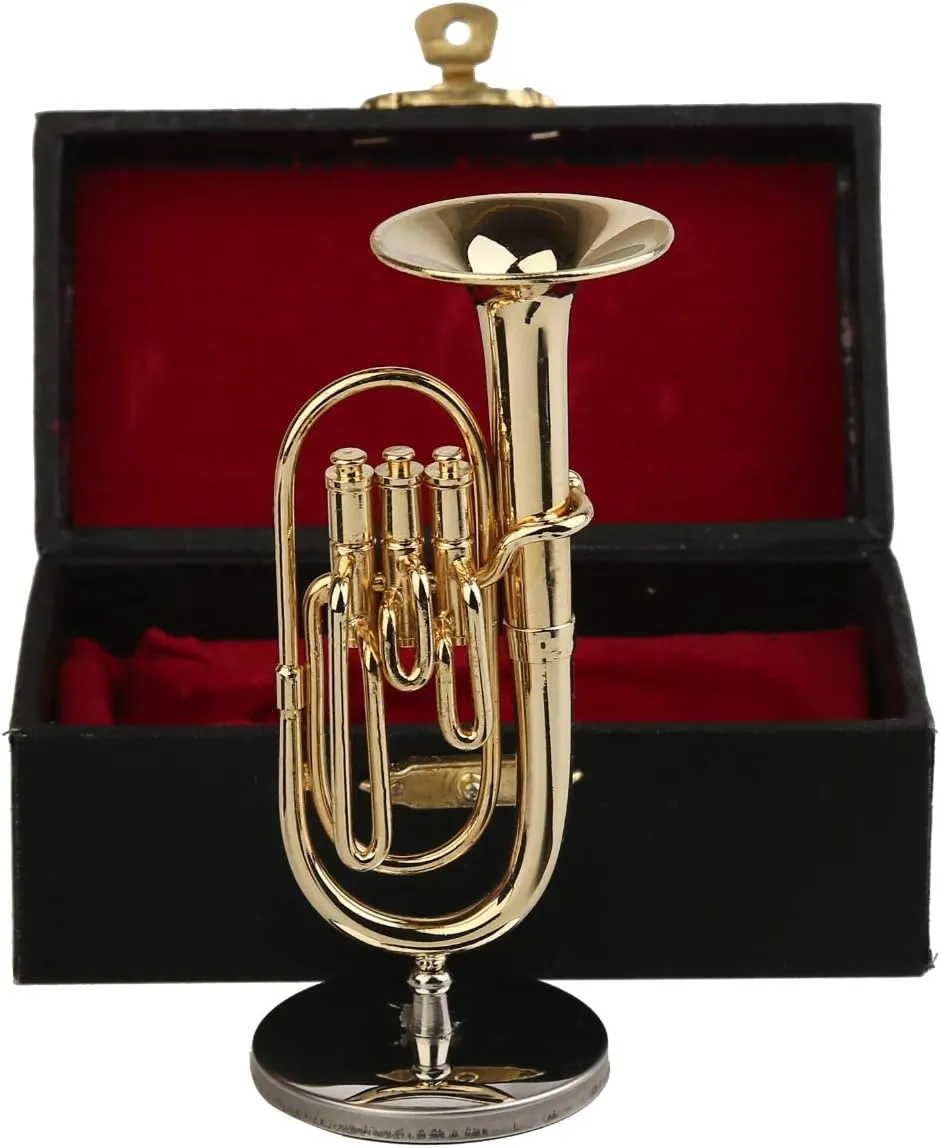 Miniature Tuba with Stand and Case Brass Mini Musical Instrument Tuba Replica Collectible Figurines Dollhouse Accessories Model Home Decorations Display Ornaments (3.94"x1.42" Baritone Horn)