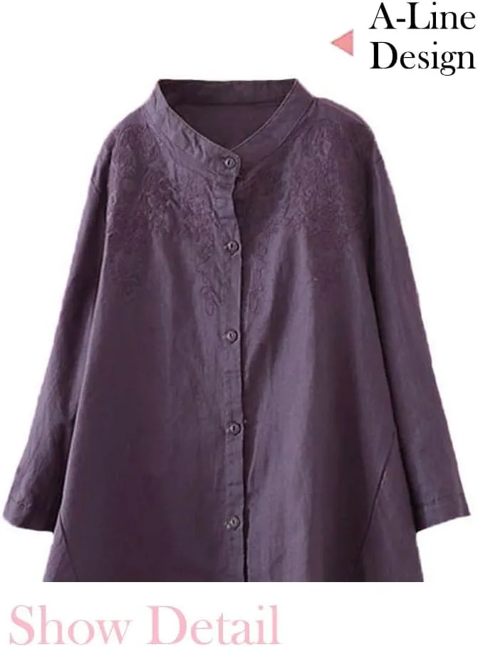 Minibee Women's Cotton Linen Shirt High Low Button Down Embroidered Blouse Long Sleeve Tunic Tops