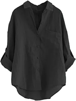 Minibee Women's Linen Blouse High Low Shirt Roll-Up Sleeve Tops