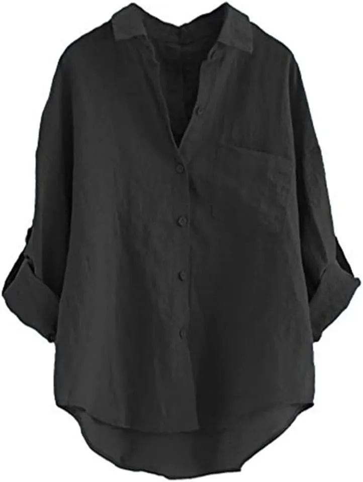 Minibee Women's Linen Blouse High Low Shirt Roll-Up Sleeve Tops