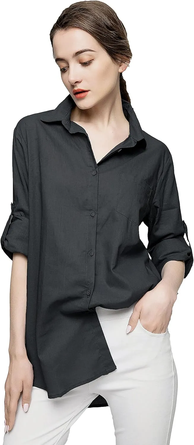 Minibee Women's Linen Blouse High Low Shirt Roll-Up Sleeve Tops
