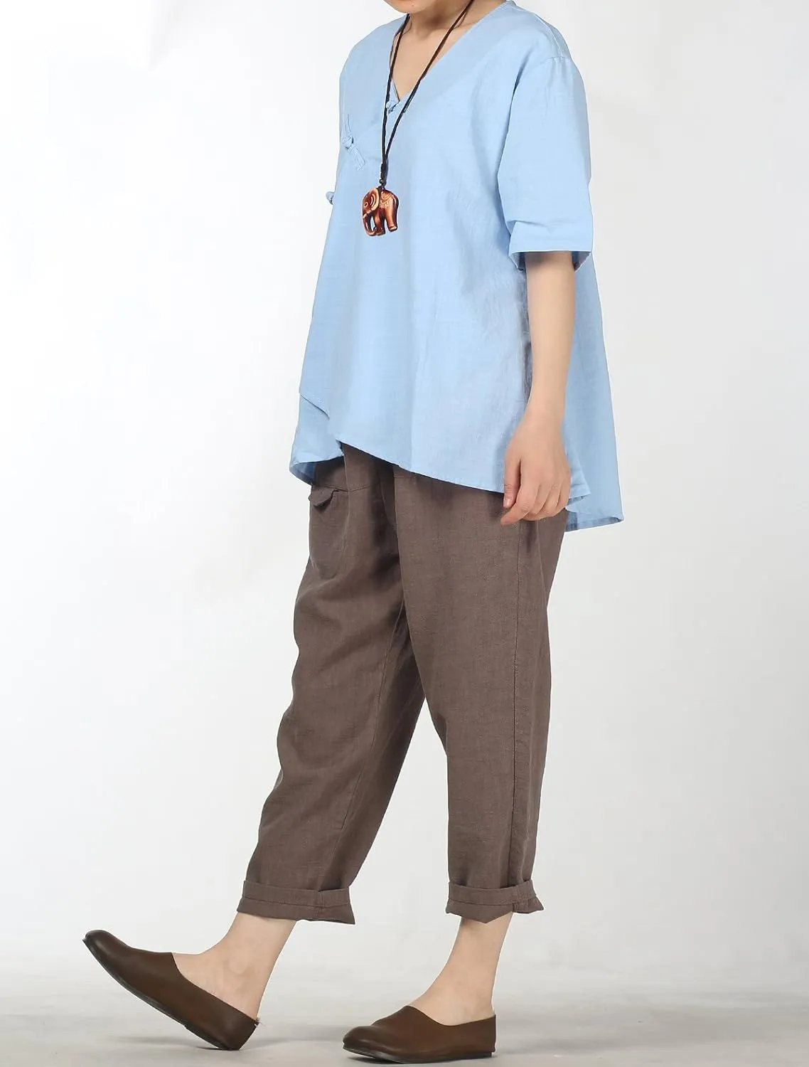 Minibee Women's Linen Retro Chinese Frog Button Tops Blouse