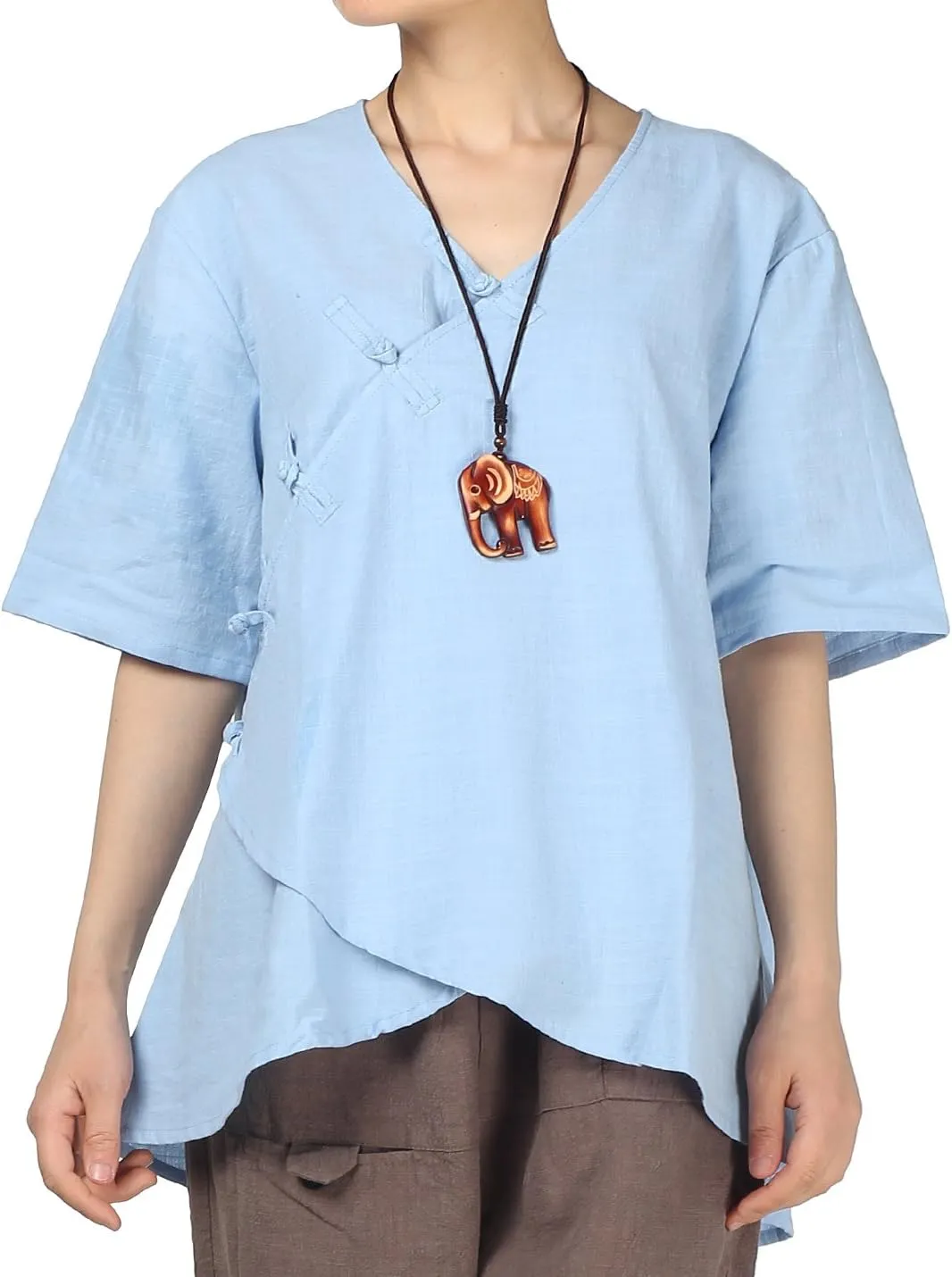 Minibee Women's Linen Retro Chinese Frog Button Tops Blouse