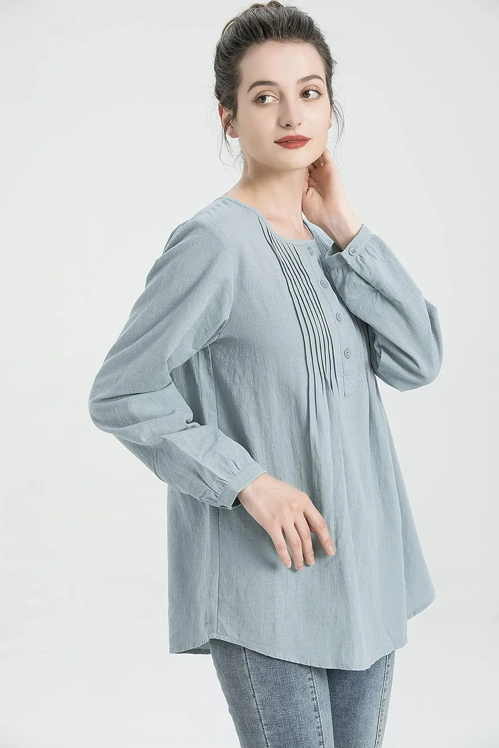 Minibee Women's Scoop Neck Pleated Blouse Solid Color Lovely Button Tunic Shirt