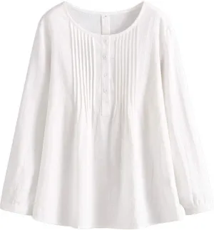 Minibee Women's Scoop Neck Pleated Blouse Solid Color Lovely Button Tunic Shirt
