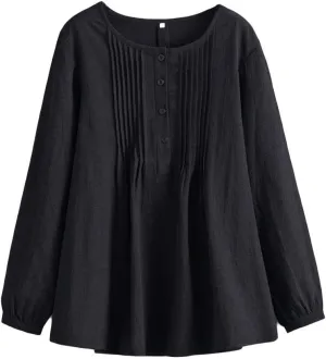 Minibee Women's Scoop Neck Pleated Blouse Solid Color Lovely Button Tunic Shirt