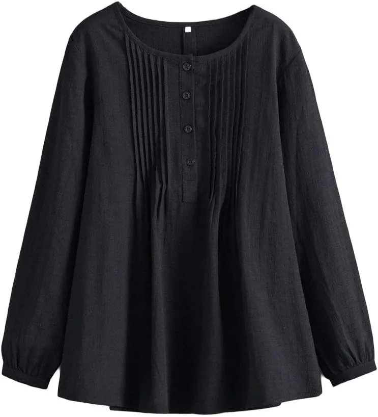 Minibee Women's Scoop Neck Pleated Blouse Solid Color Lovely Button Tunic Shirt