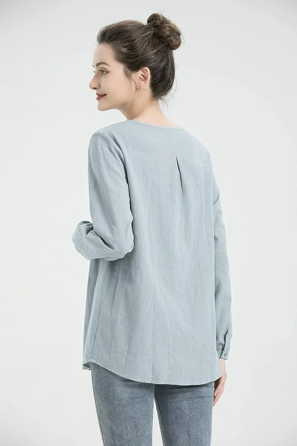 Minibee Women's Scoop Neck Pleated Blouse Solid Color Lovely Button Tunic Shirt