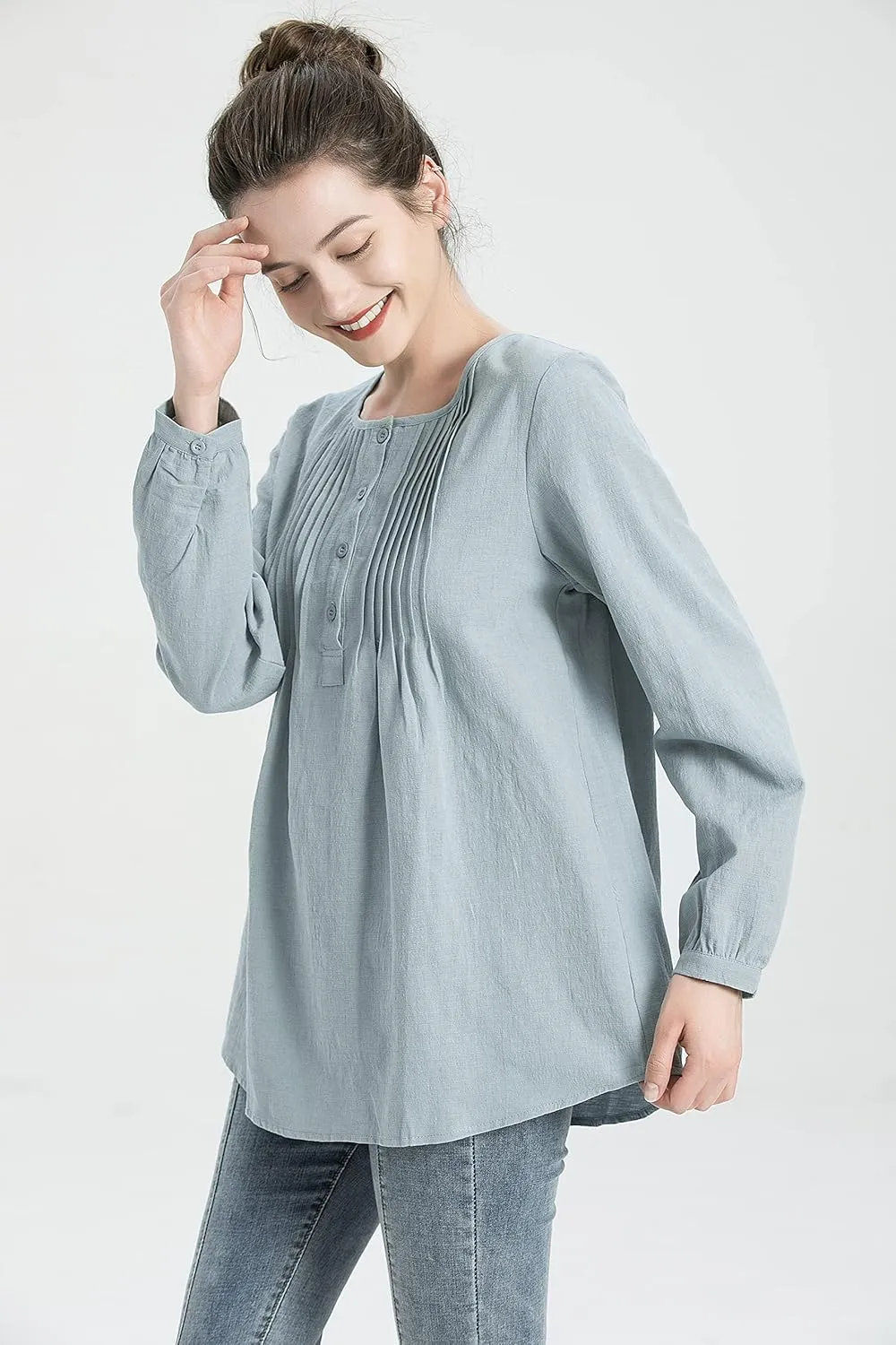 Minibee Women's Scoop Neck Pleated Blouse Solid Color Lovely Button Tunic Shirt