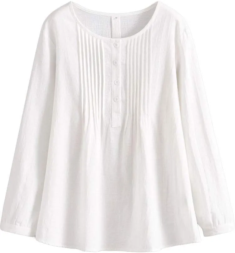 Minibee Women's Scoop Neck Pleated Blouse Solid Color Lovely Button Tunic Shirt
