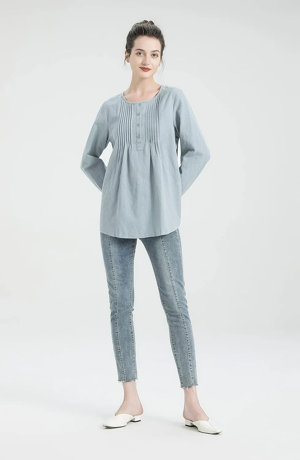 Minibee Women's Scoop Neck Pleated Blouse Solid Color Lovely Button Tunic Shirt