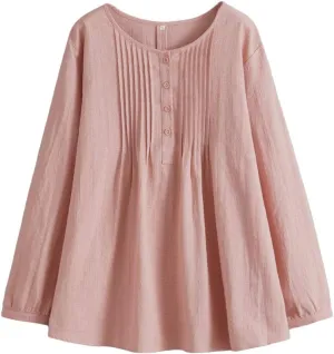 Minibee Women's Scoop Neck Pleated Blouse Solid Color Lovely Button Tunic Shirt