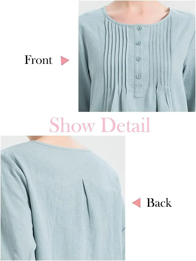 Minibee Women's Scoop Neck Pleated Blouse Solid Color Lovely Button Tunic Shirt
